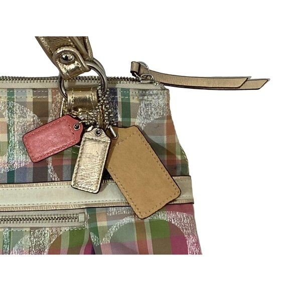 COACH Tote Shoulder Bag Poppy Multi Madras Signature Pastel Plaid Sequins - Picture 7 of 14